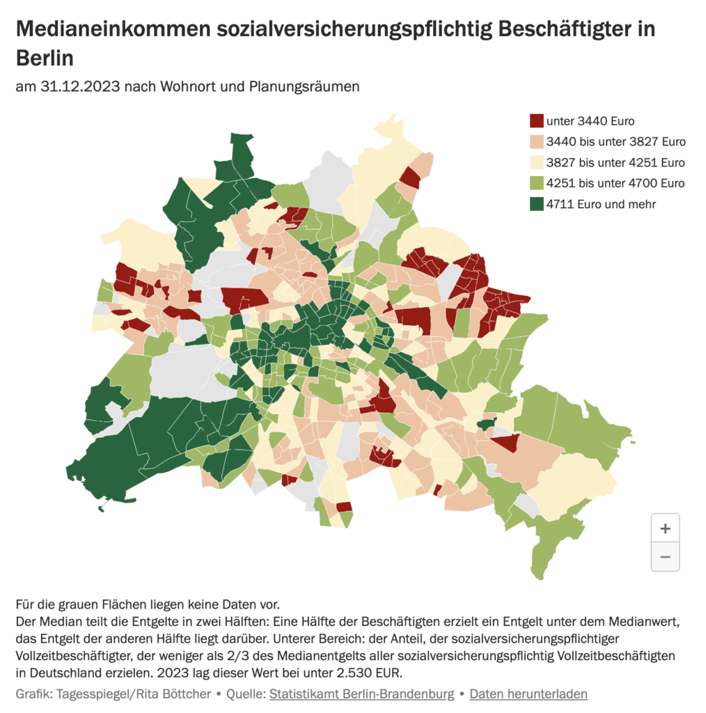 Medianeinkommen nach LOR-Bereichen: Die Lebensweltlich orientierten Räume (LOR) bilden seit 2007 (aktualisiert 2021) die räumliche Grundlage für die Planung, Prognose und Beobachtung von sozialen und demografischen Entwicklungen in Berlin.